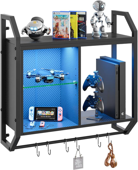 Bestier 25" LED Gaming Floating Shelves for Wall, Wall Mounted Shelf Pipe Adjustable Glass Shelves, Hanging Display Rack