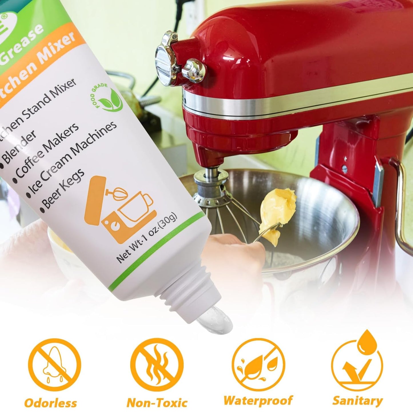 Keze Food Grade Equipment Lubricant, Food Service Equipment Lube for kitchenaid Stand Mixer, Beer Kegs, Slushee and Espresso Machine, Odorless Kitchen Mixer Grease, 1 oz 2-Pack