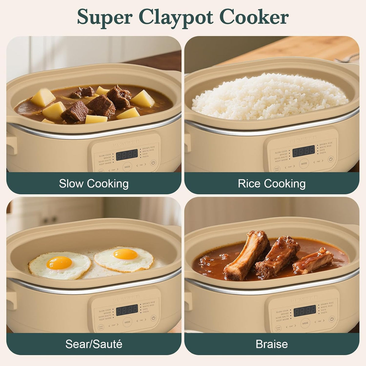 MAGNIFIQUE 4 Quart Claypot Multi-Cooker, with 8-in-1 Casserole Programmable Slow Cooker, Dutch Oven, Pasta, Nonstick Oven Safe Pot to 450°F, Brown