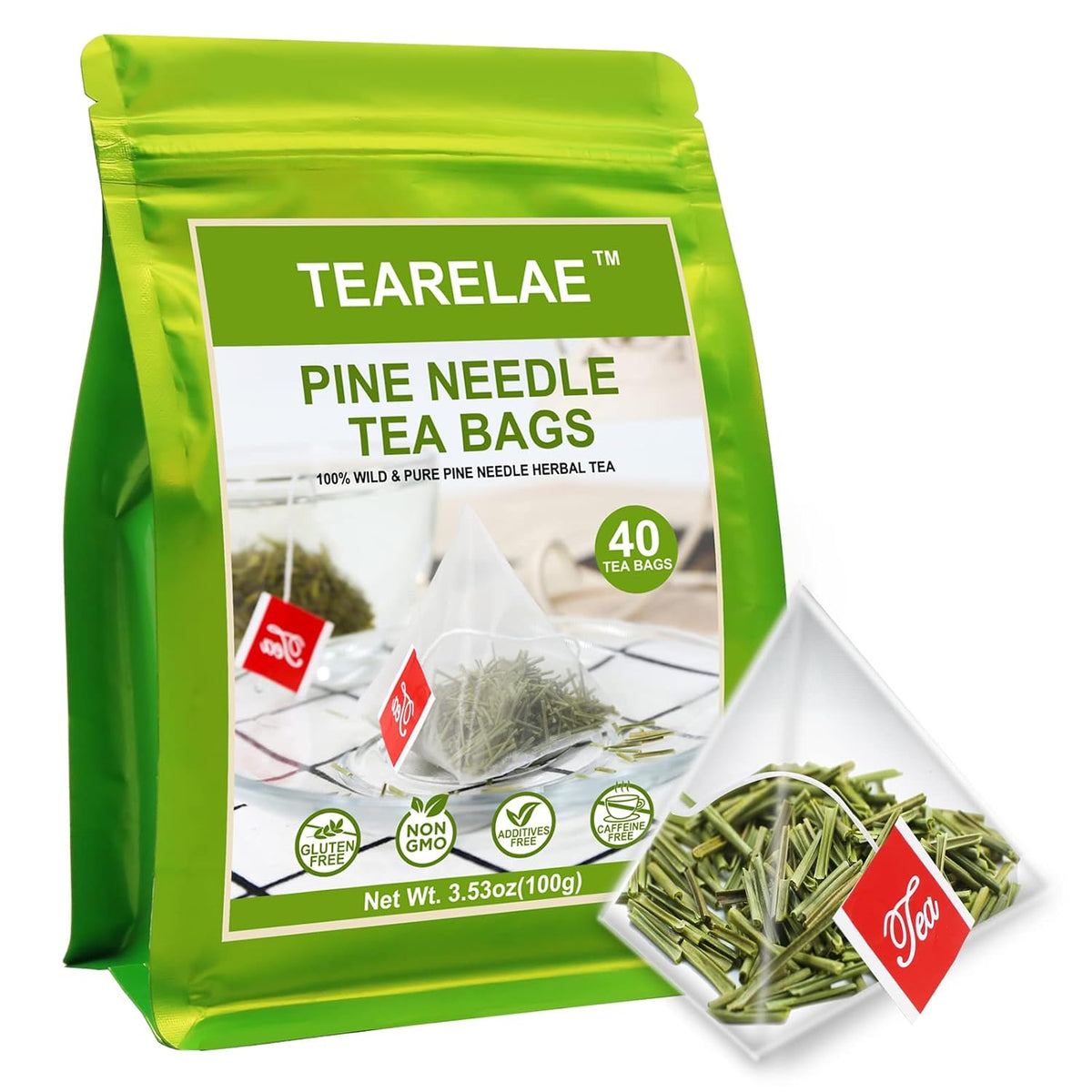 TEARELAE Pine Needle Tea Bags, 2.5g X 40 Count, Dried Masson Pine Needles | 100% Pure Natural Cut &amp; Sifted Herbal Tea, Non-GMO, Caffeine-free, Mild Flavor, Slightly Sweet, Herbal Tea For Relaxation