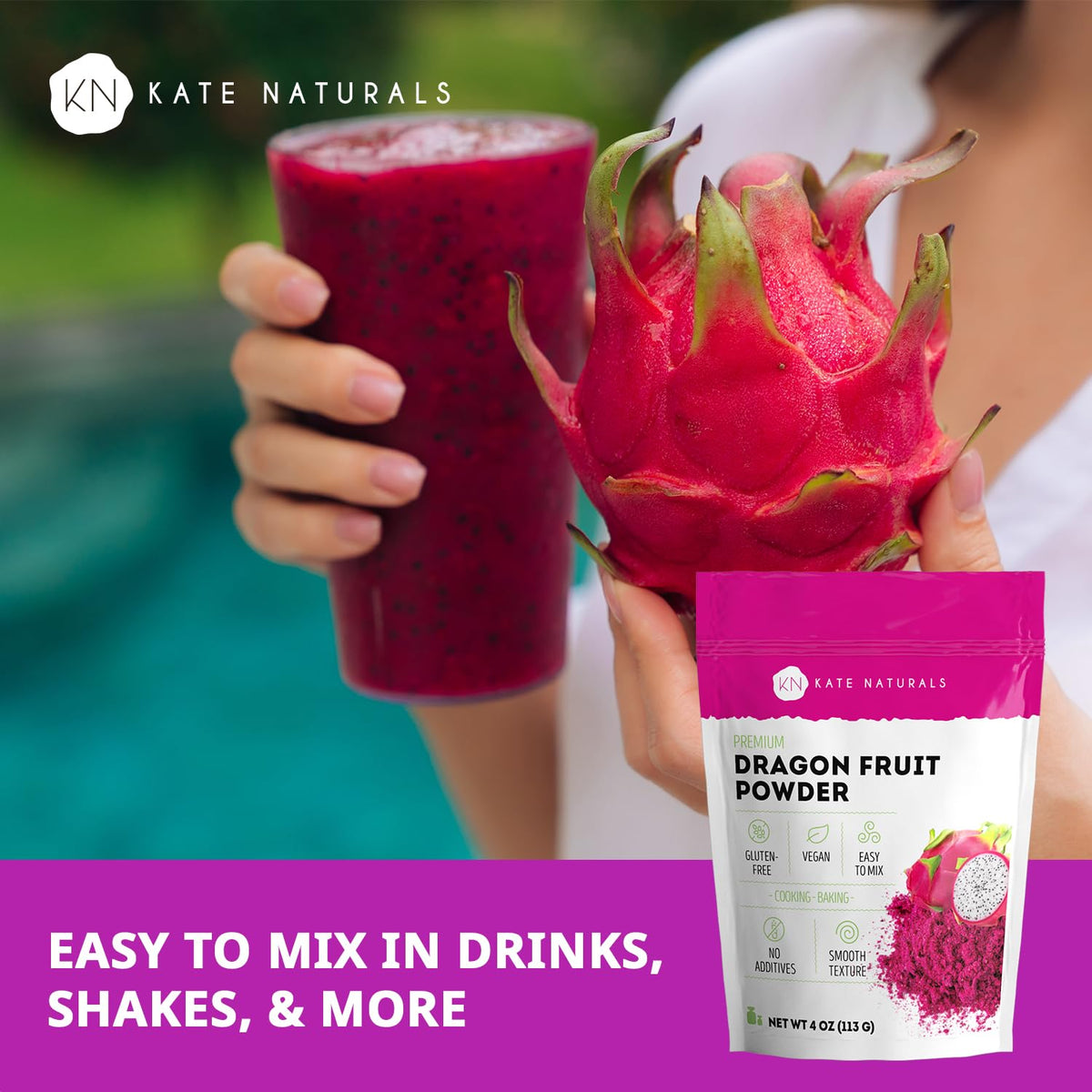 Kate Naturals Dragon Fruit Powder for Baking & Drinks (4oz)