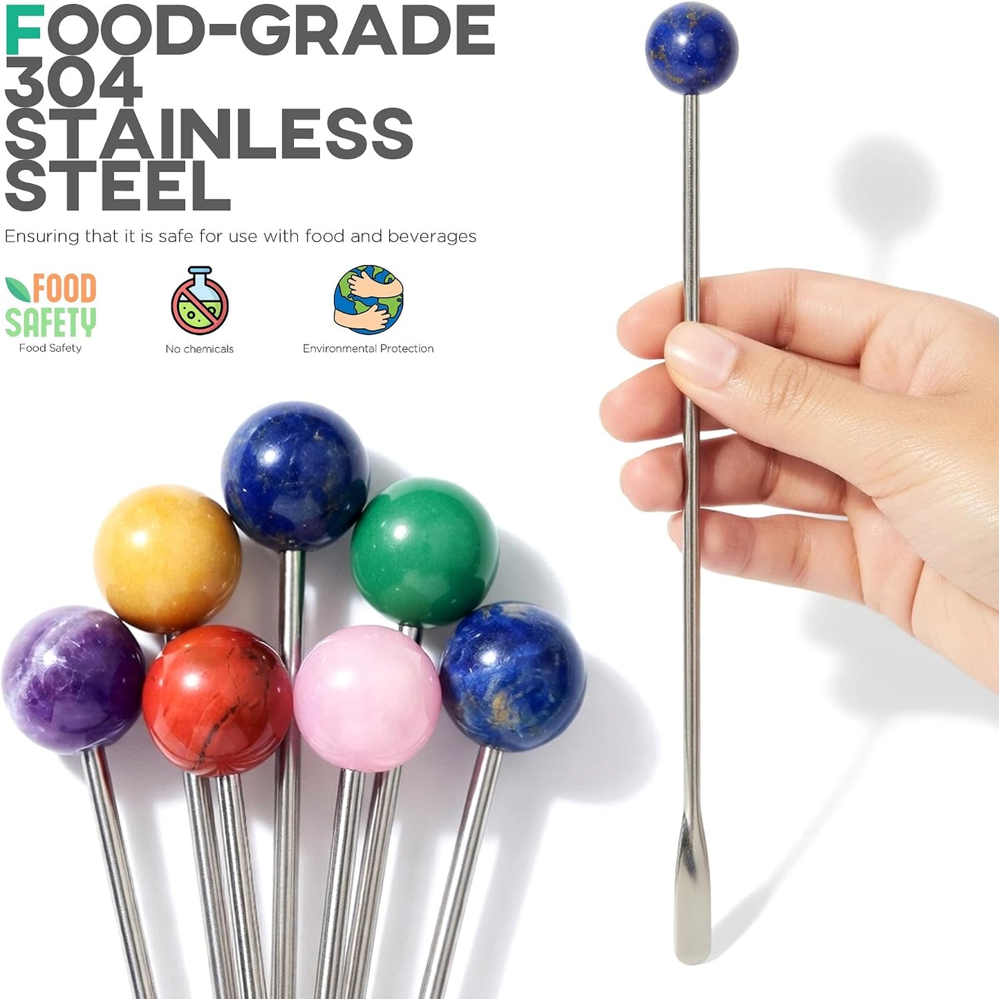 Homestia 6 Pcs 7.5'' Metal Stir Sticks, Colorful Gemstone Cocktail Stirrers | Reusable Stainless Steel Coffee Stirrer, Drink Swizzle Sticks, Natural Stone Decor Beverage Stir Stirring for Bars Home Use