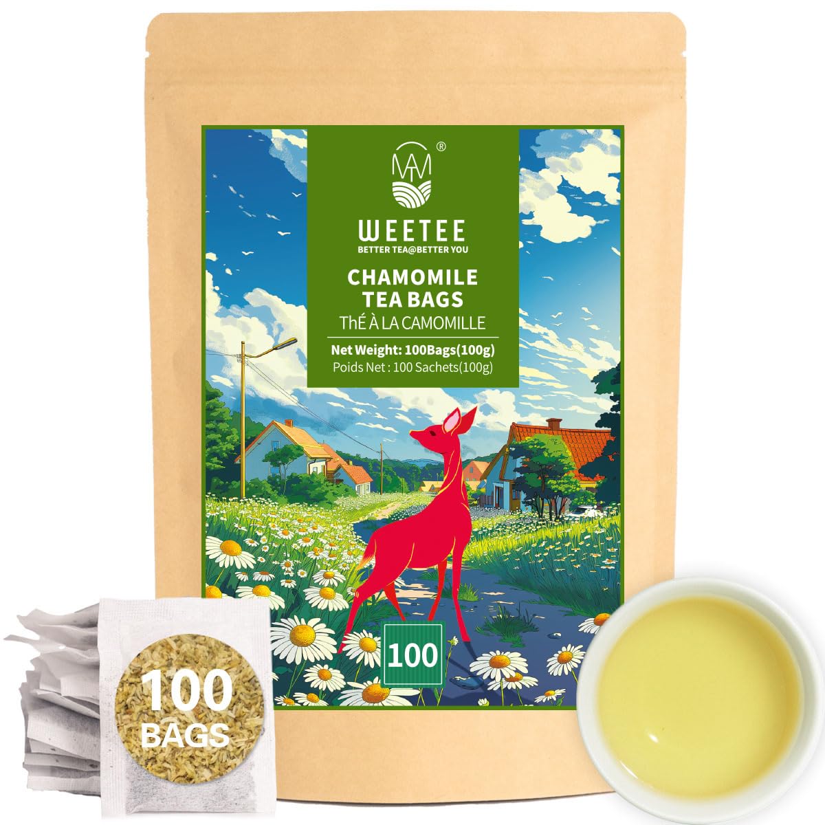 WT WEETEE Chamomile Tea Bags 100 Count, Caffeine-free Herbal for Bedtime
