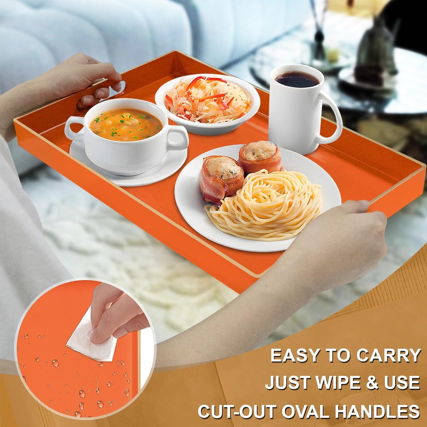MAONAME Orange Decorative Tray for Coffee Table, Serving Tray with Handles | Plastic Melamine Tray, Modern Ottoman Tray, Rectangular Countertop Organizer Tray for Living Room, 15.8"L x 10.2"W x 1.4"H