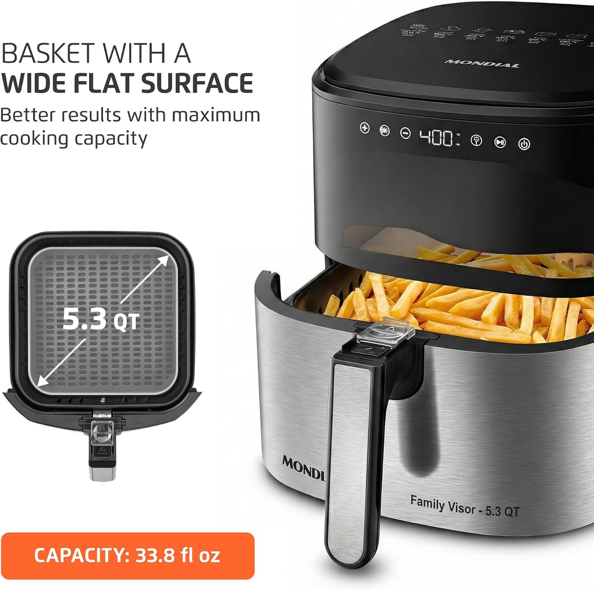 Air Fryer Digital Visor Inox 5.3QT Capacity - High Power & Elegant Stainless Steel Finish - Black & Inox