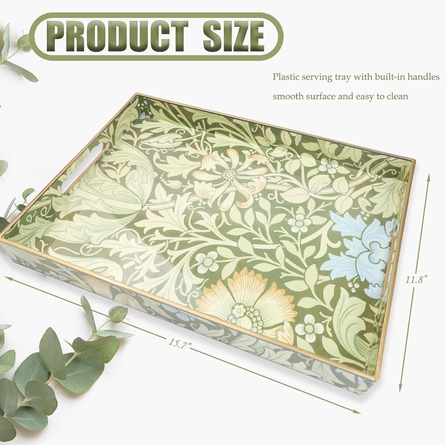 Spsyrine Plastic Serving Tray with Handles for Coffee Table, Compton | Rectangular Decorative Couch Tray, Countertop Organizer Tray for Ottoman, Living Room, Home Decor 15.7"L x 11.8"W x 1.57"H