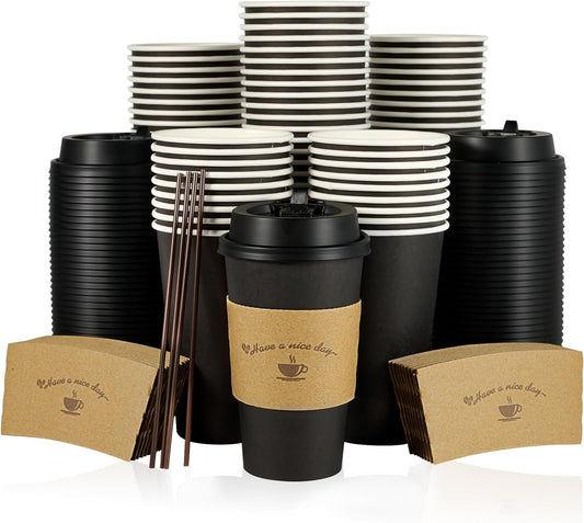 LITOPAK 100 Pack 16 oz Paper Coffee Cups with Lids, Black Disposable Coffee Cups with Lids, Sleeves and Stirring Sticks, for