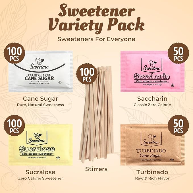 Sweetmo Sugar Packets Variety Pack - Sucralose, Raw Sugar, Saccharin, Cane Sugar with Wooden Stirrers - 400 Count for Coffee, Tea, Office Breakrooms, Home & Airbnb