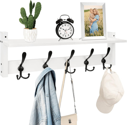 Homode Wall Shelf with Hooks, 24 Inch Coat Rack with Tri Hooks, Farmhouse Entryway Floating Coat Hanger with Storage for