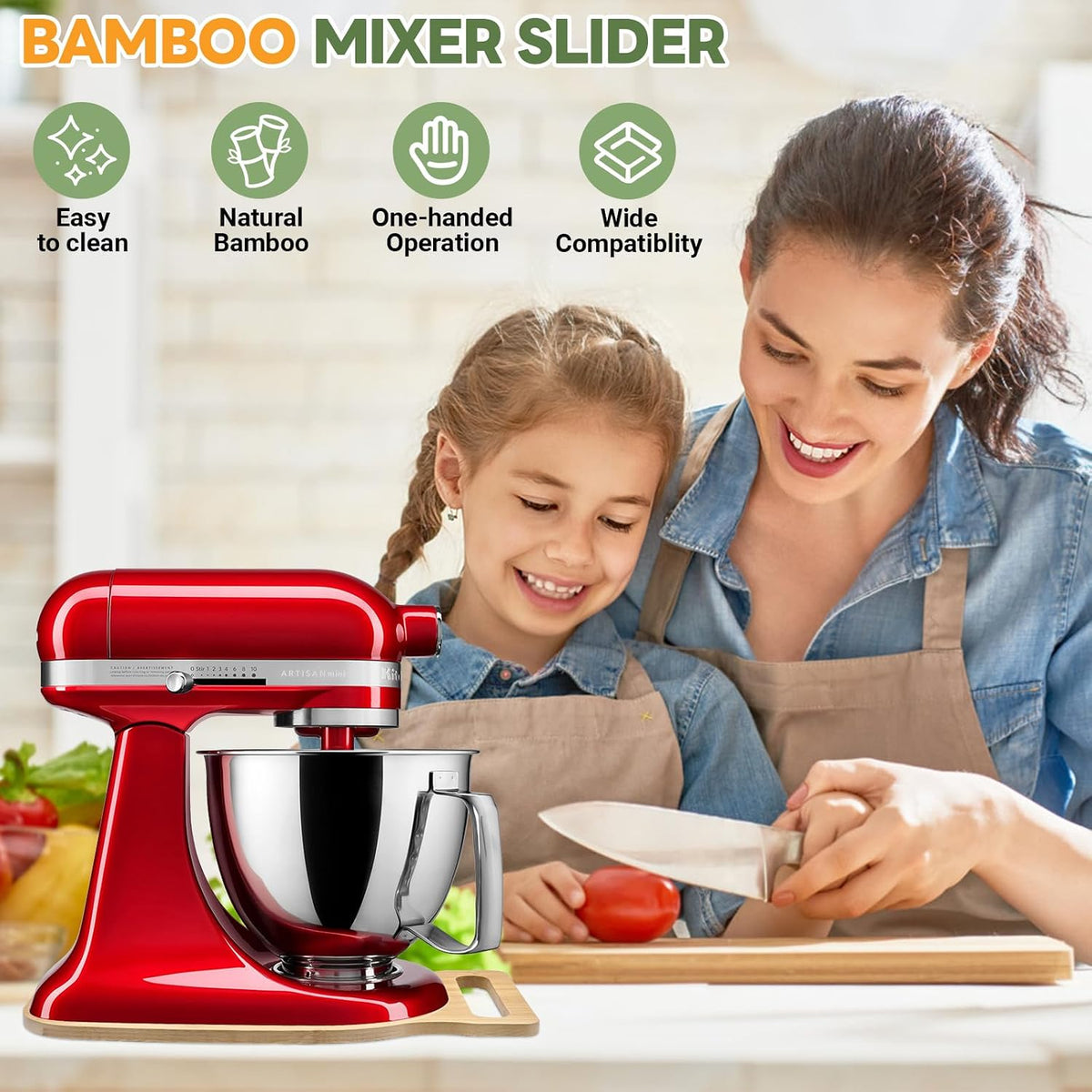 Mixer Slider for KitchenAid 4.5–5 Qt Tilt-Head Stand Mixer, Bamboo Appliance Sliding Tray with Ergonomic Handle, Countertop Slider for Artisan Mixer