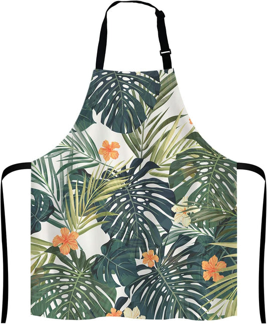Hibiscus Flowers Apron, Summer Colorful Hawaiian Tropical Plants Unisex Kitchen Bib with Adjustable Neck for Cooking