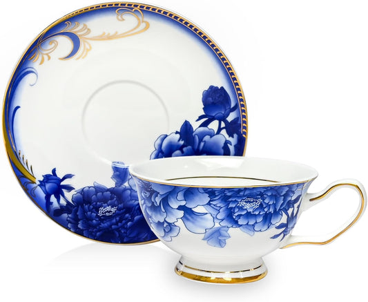 ACMLIFE Bone China Tea Sets, Blue and Gold Tea Set for Adults Porcelain Tea Cup Set, Cup and Saucer Set Vintage Floral for