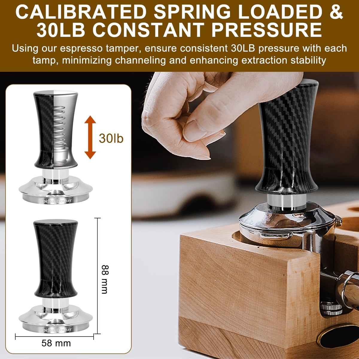 58mm Espresso Coffee Tamper for Espresso Machine: Calibrated Spring Loaded &amp; Stainless Steel Ripple Base - Carbon Fiber Handle with Constant 30lb Fits All 58mm Portafilters | Bundle Including WDT Tool