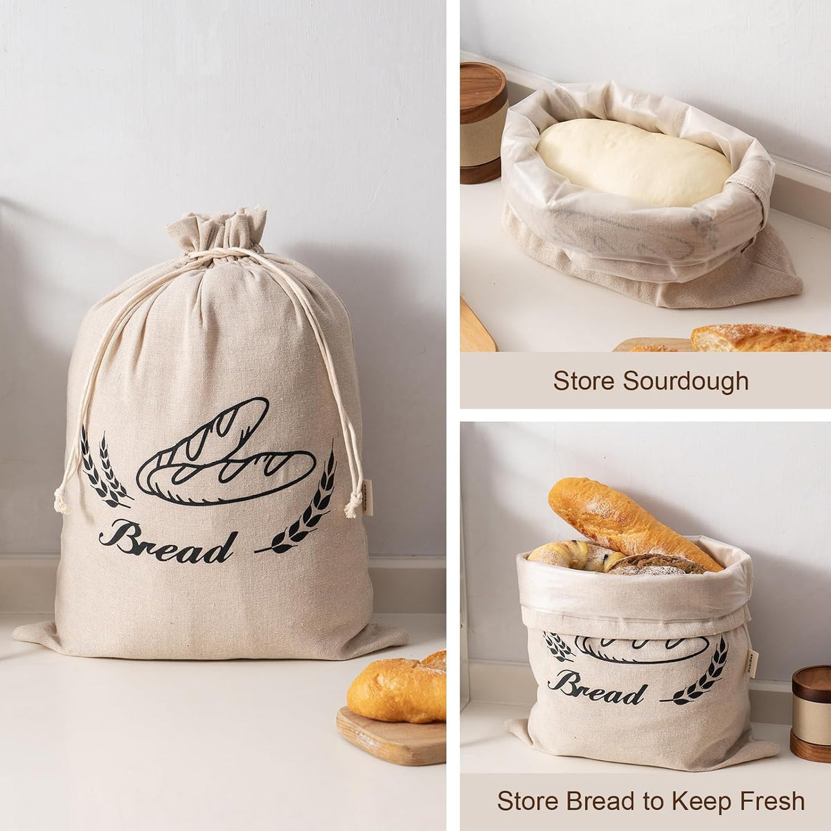2 Pack Linen Bread Bags for Homemade Bread - Plastic Lined - Reusable Linen Sourdough Bread Storage Bags with Plastic Liner - 17" x 13"