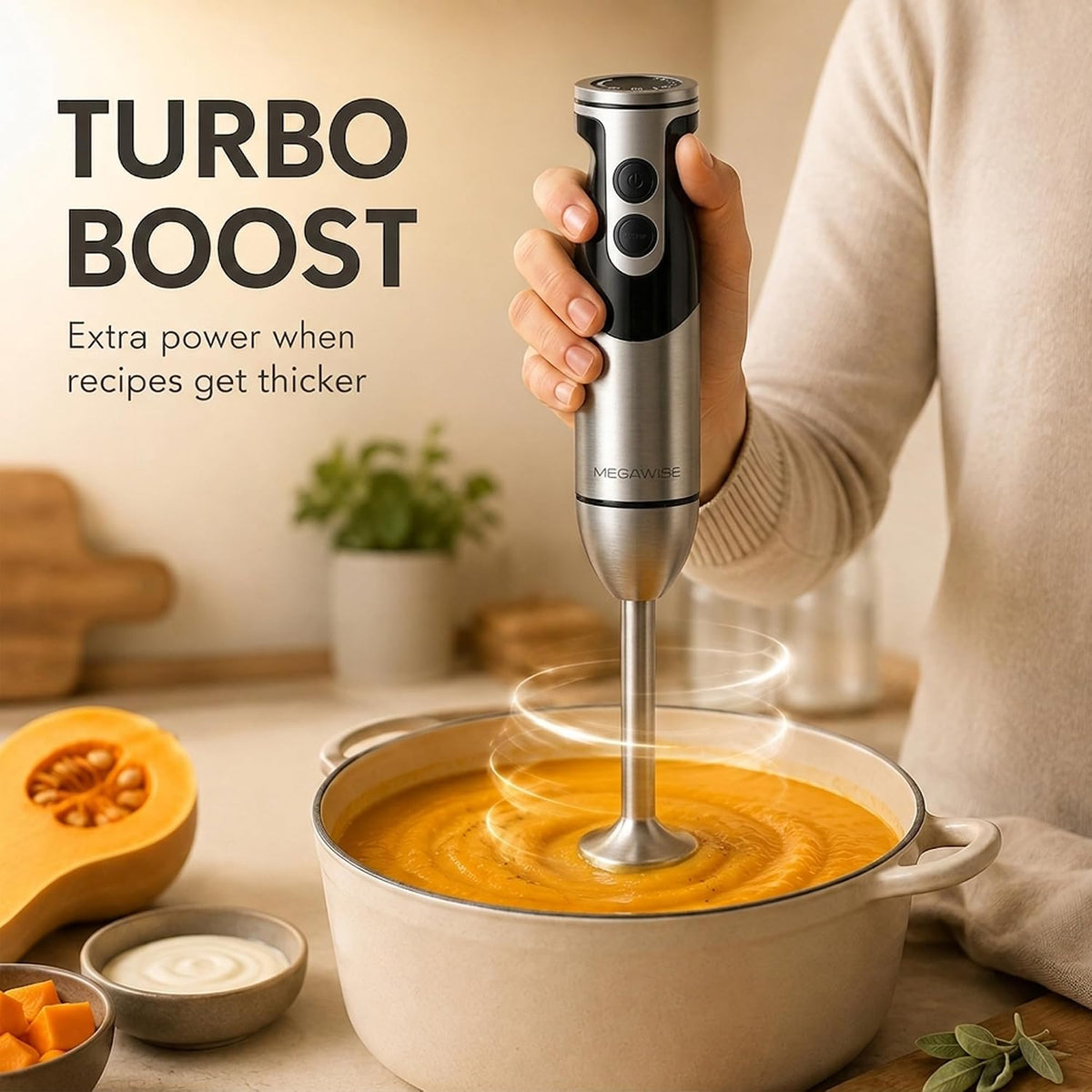 MegaWise 3‑in‑1 Immersion Hand Blender, 12‑Speed Titanium Stainless Steel Stick Blender with Whisk &amp; Milk Frother