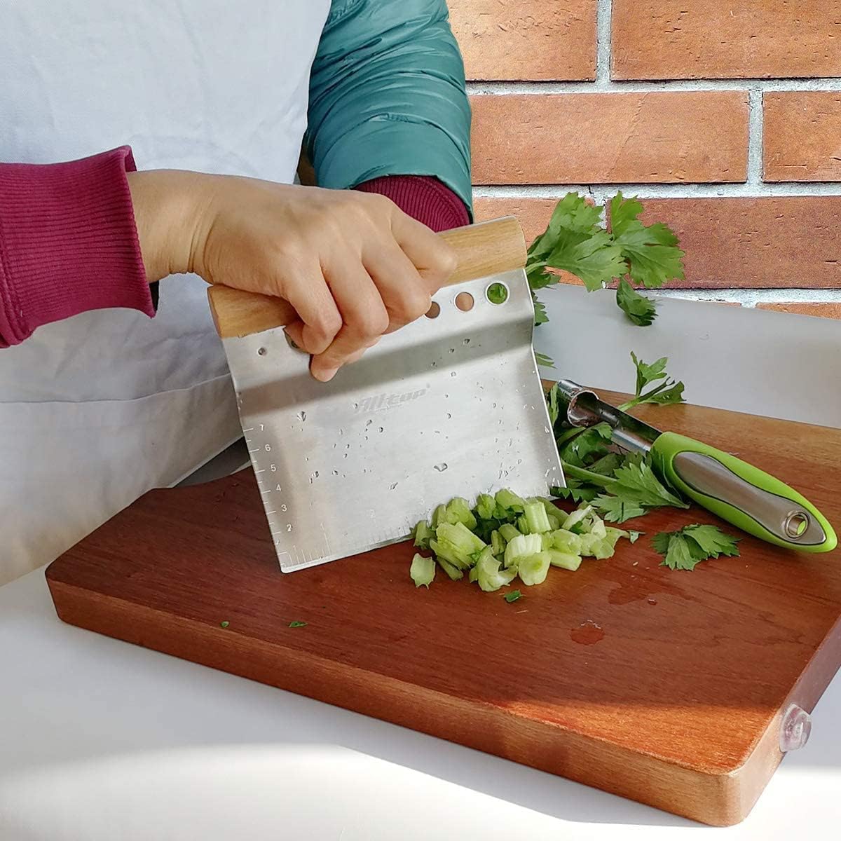 ALLTOP Dough Bench Scraper/Cutter/Chopper, 1 Pack | Stainless Steel Blade, Herb Stripper, Scale Ruler, Leaf Remover