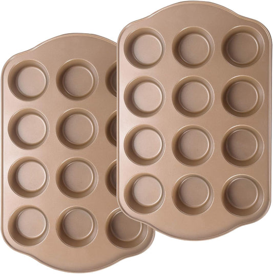 2 Pack Nonstick Muffin Pan Set, 12-Cup Heavy Duty Cupcake Baking Pan with Handles - PFOA-Free Muffin Tin, Rust Proof &amp; Warp Resistant, Oven Safe 430°F (Gold)