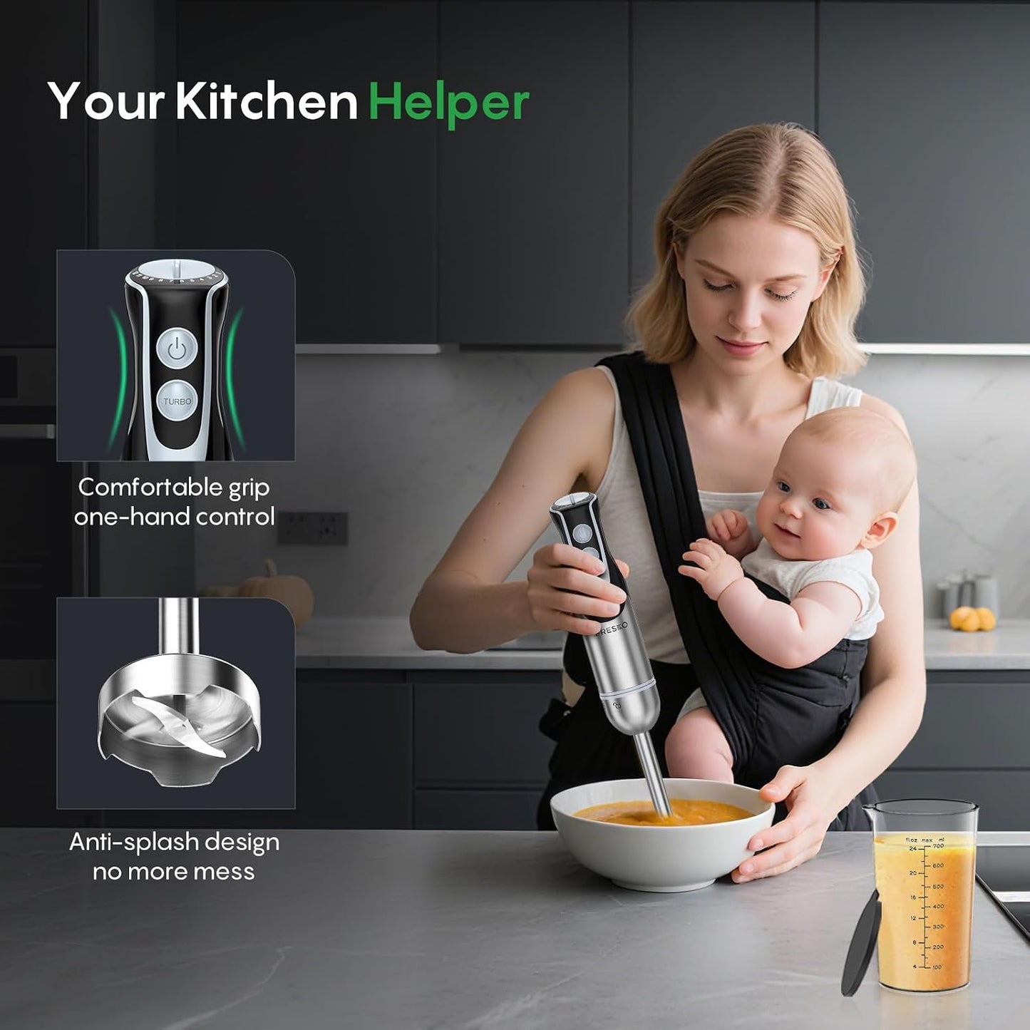 Immersion Blender Handheld, 2-In-1 Hand Blender with 12-Speeds &amp; Turbo Mode | 500W Emulsion Blender, 24oz Beaker, Stainless Steel Blade，Stick Mixer for Baby Food, Smoothies, Soups &amp; Sauces