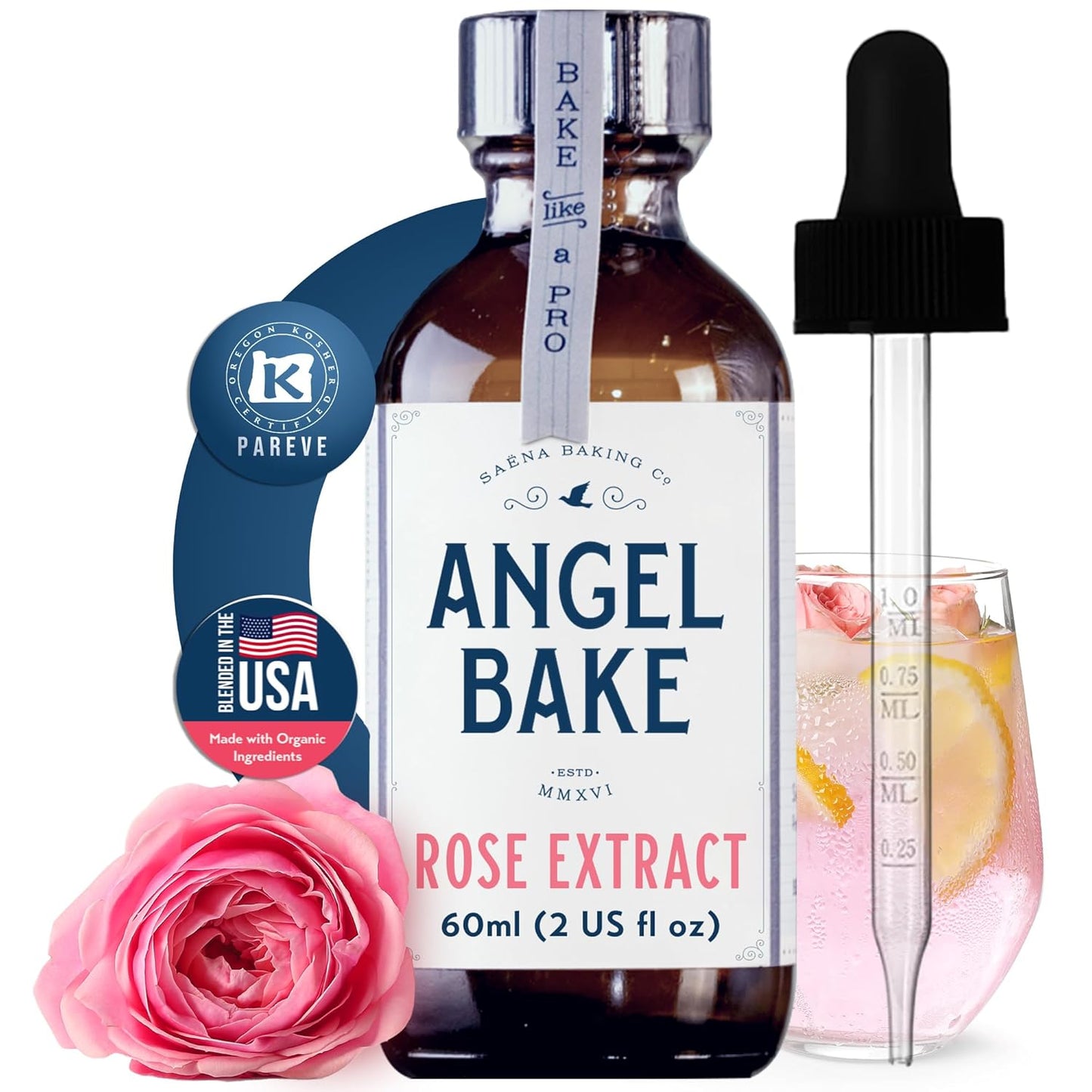 Angel Bake Pure Bulgarian Rose Extract, 2 oz | Lattes, matcha, tea, baking, cocktails, cupcakes; water soluble, food safe culinary flavor; vegan