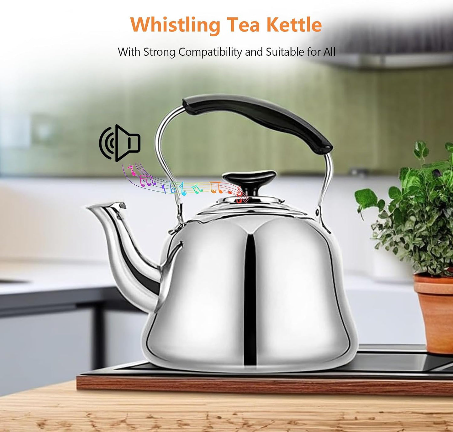 2L Whistling Stovetop Tea Kettle, 304 Food Grade Stainless Steel - Boil Alert Whistle (Not Auto Shutoff), Folding Cool-Touch Handle, Gas/Electric/Ceramic Compatible | Max Safe Fill: 1.6L (6 Cups)