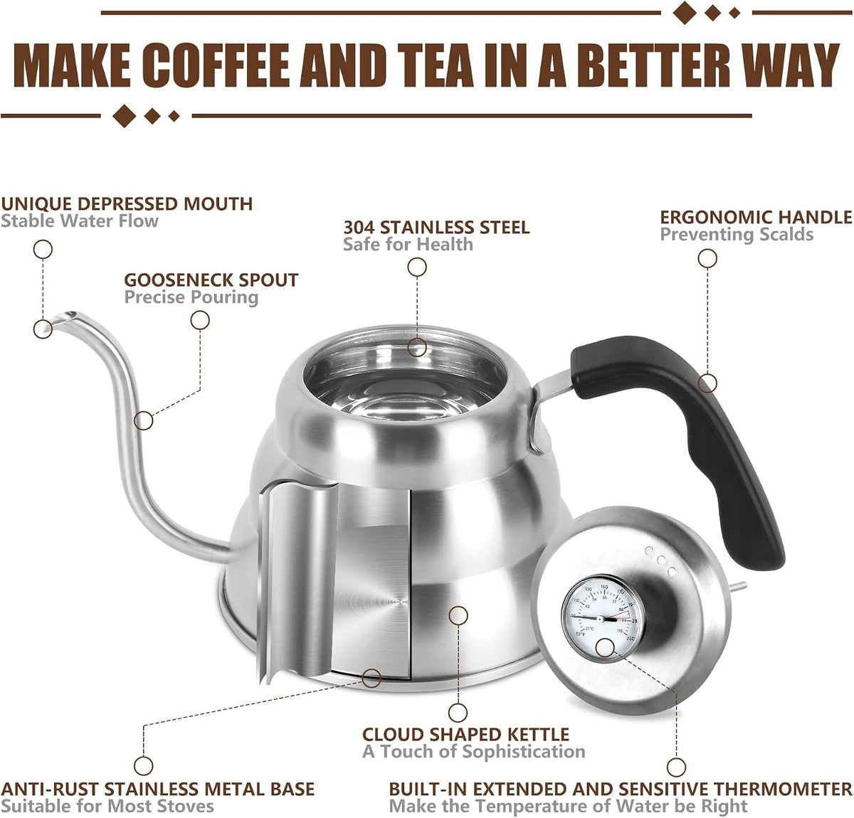 Tea Kettle For Stovetop,Pour Over Tea Coffee Kettle,Thermometer,Silver,28oz