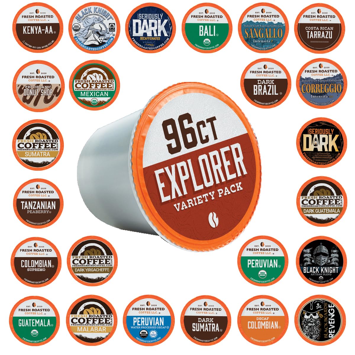 Fresh Roasted Coffee, Explorer Variety Pack K-Cup Pods for Keurig Brewers, Medium Roast, Kosher, 96 Count Loose Pack