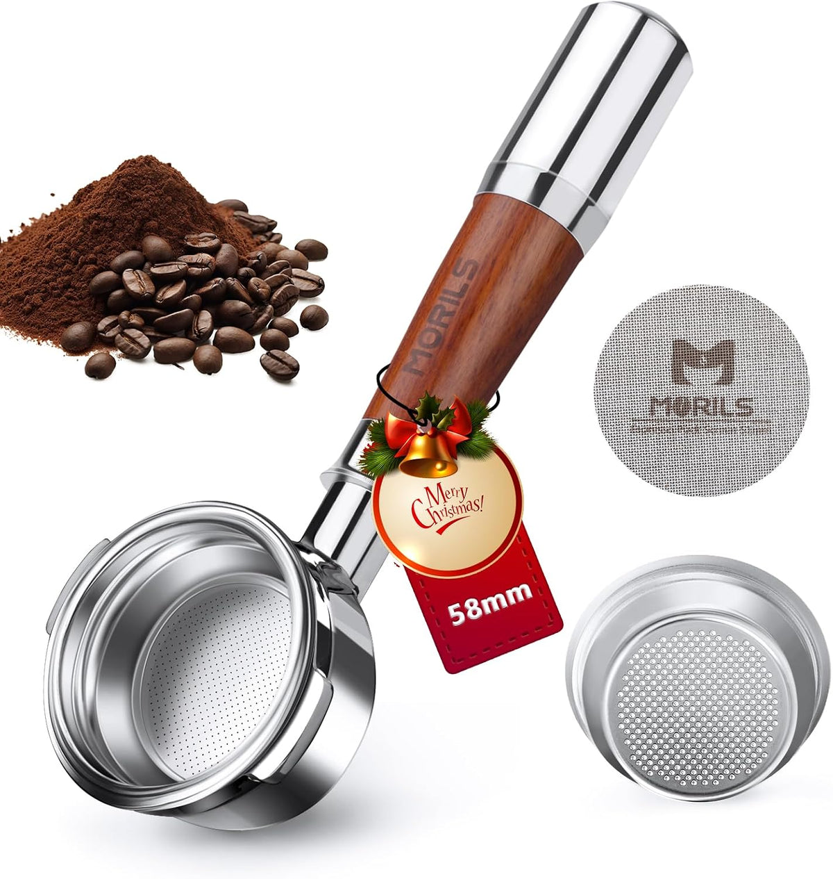 58mm Bottomless Portafilter with Double Shot Filter Basket &amp; Premium Walnutwood Handle, Portafilter Compatible with All Breville 58mm Machines, Espresso Accessories(Puck Screen)
