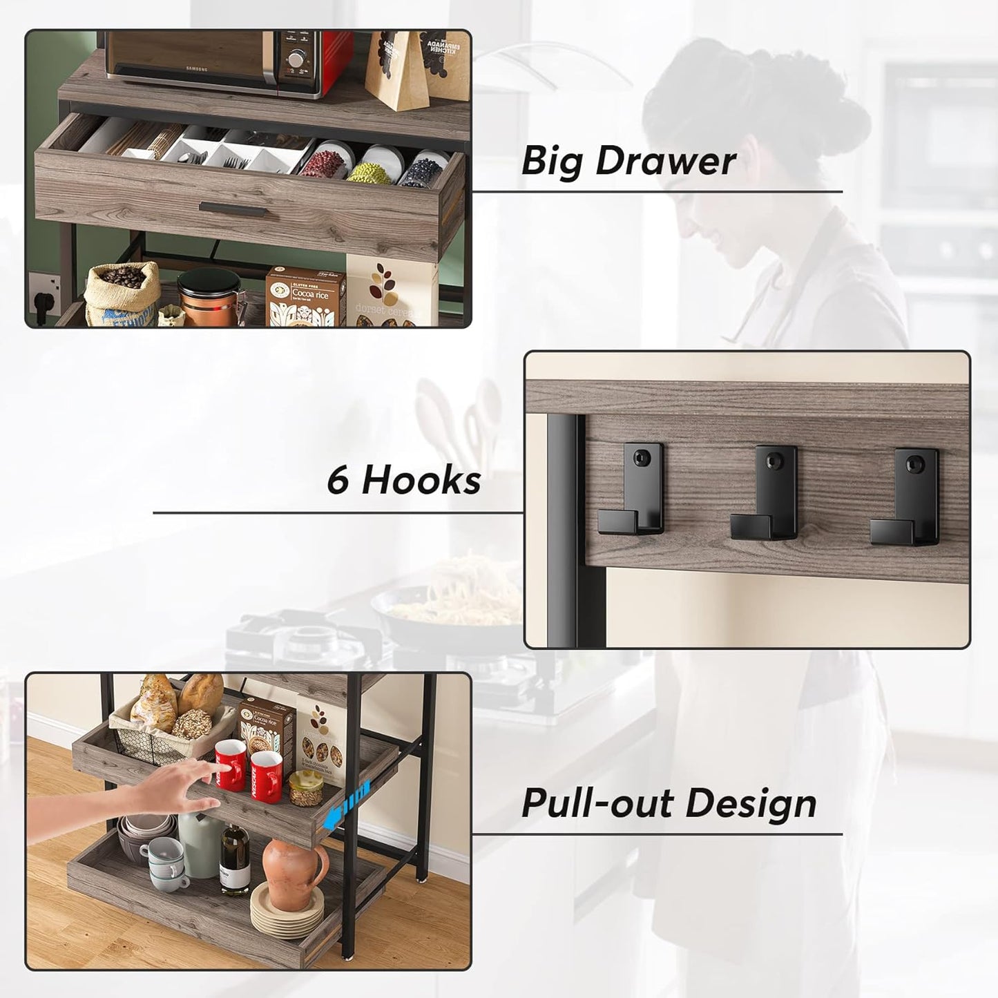 LITTLE TREE Kitchen Baker’s Rack with Power Outlets, Freestanding 5-Tier Microwave Stand with Drawers & Sliding Shelves, Coffee Bar with 6 Hooks for Dining Room Living Room, Grey & Black