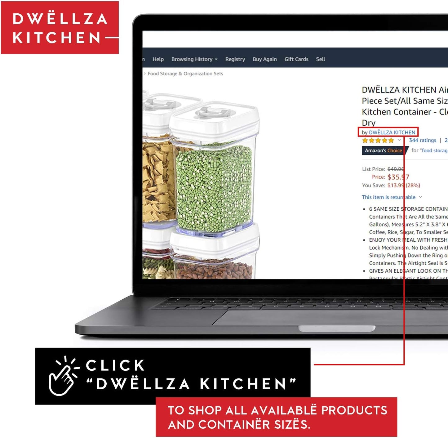 DWËLLZA KITCHEN Large Airtight Food Storage Containers with White Lids (3.8L, 0.8L) - Clear Plastic Bulk Food Pantry &amp; Kitchen Storage Containers for Flour, Sugar 4 Pc BPA-Free, Keeps Fresh &amp; Dry
