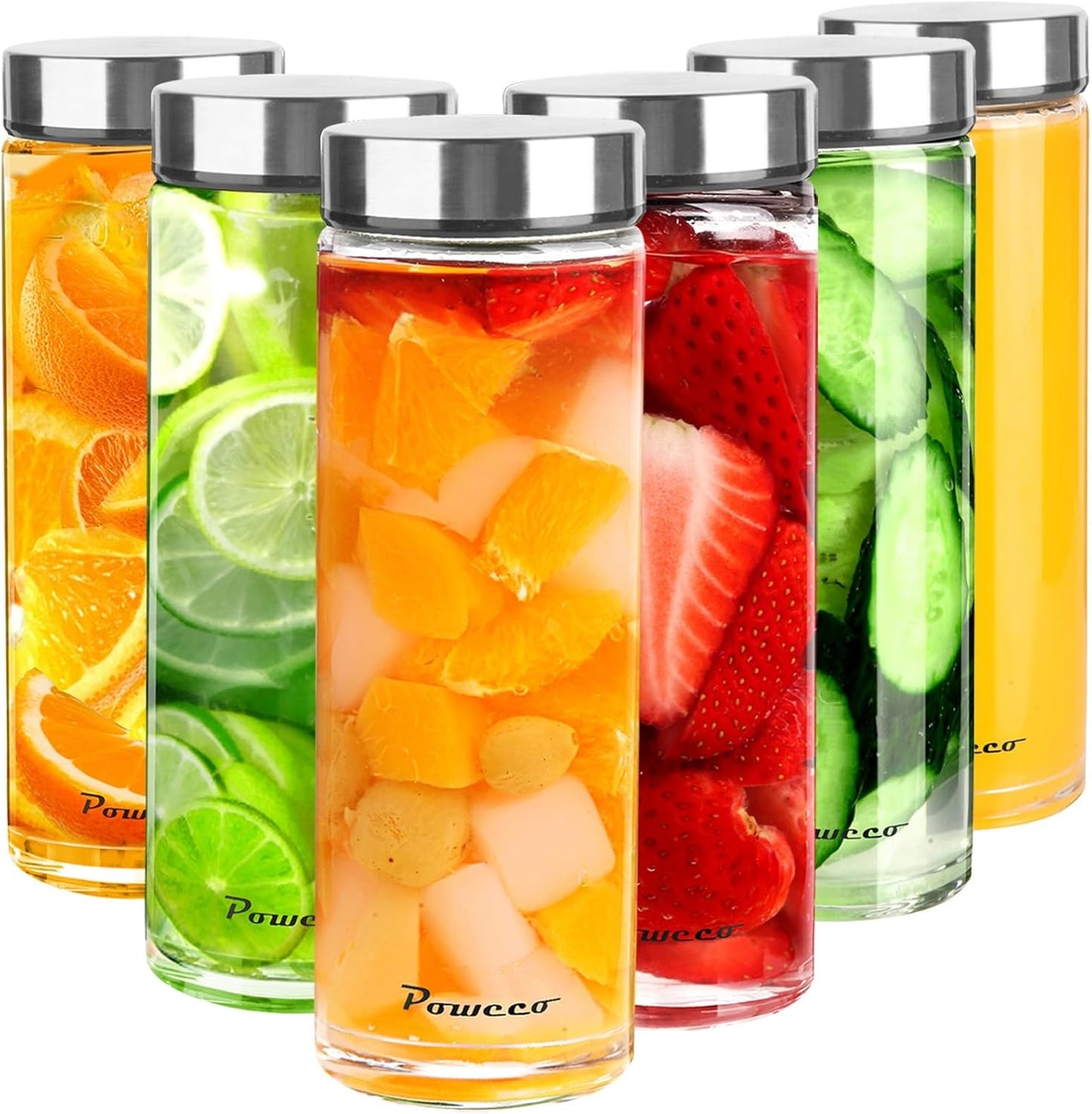 20oz Glass Juice & Water Bottles 6-Pack with Lids- Wide Mouth Reusable Borosilicate Glass- for Juici