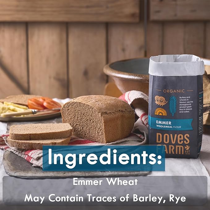 Doves Farm Organic Emmer Wholemeal Flour | for Bread & Cake Baking | High in Fiber & Protein | Traditional British Stoneground Flour | Kosher & Vegan | Whole Wheat Flour | 35.27 Oz (1kg)