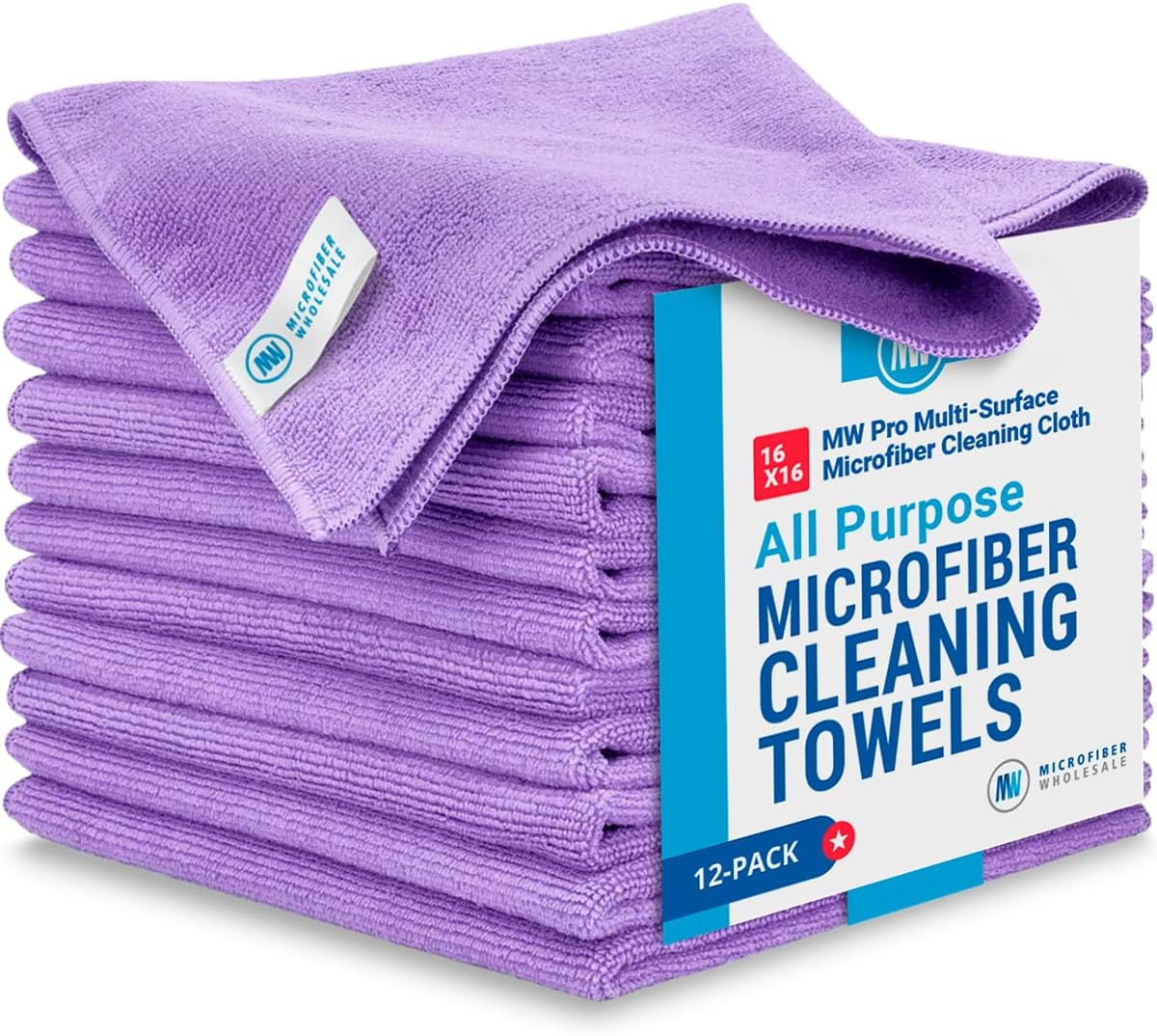 MW Pro Microfiber Cleaning Cloth | Purple | 12 Pack | 16” x 16” | All Purpose Microfiber Towels - Cl