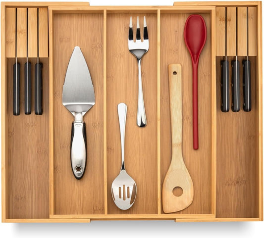 Purawood Kitchen Drawer Organizer with Knife Blocks - Utensil Drawer Organizer for Kitchen, Cutlery Tray & Silverware