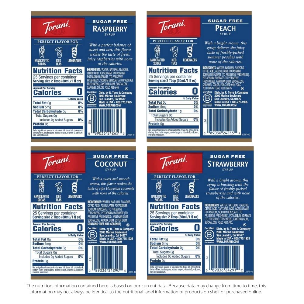 Torani Sugar Free Drink Syrup Soda Flavors Variety Pack, 25.4 fl oz, 4 Pack | Flavors Include Raspberry, Coconut, Strawberry &amp; Peach