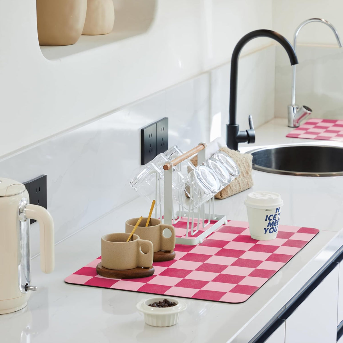 Checkered Dish Drying Mat for Kitchen Counter, Coffee Bar Station Accessories, Retro Cute Girly Pink Aesthetic Modern Absorbent Drainer Mat Kitchen Drying Mat Easy Clean, Hot Pink 16" x 24"