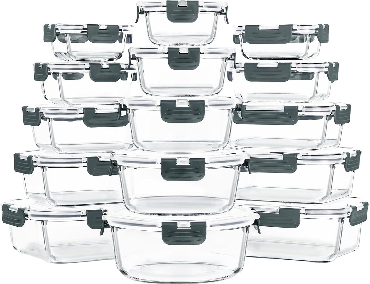 Skroam 15 Pack Glass Food Storage Containers with Lids Airtight, Glass Meal Prep Containers, Lunch Containers with Lids for Microwave, Oven, Freezer and Dishwasher Safe