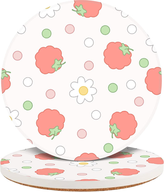 Ceramic Coasters Set of 2, Absorbent Drink Coasters with Cork Backing, Cute Strawberry Daisy Design, Round Tabletop Cup