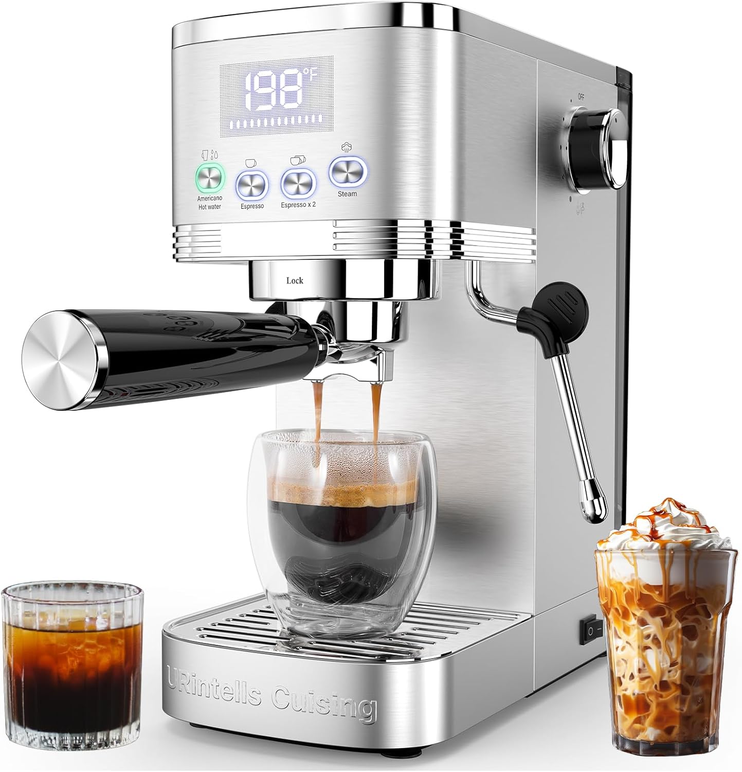 Espresso Machine 20 Bar Temperature Control LED Display Expresso Machine for Home with Steam Milk Frother for Cappuccino Latte Stainless Steel