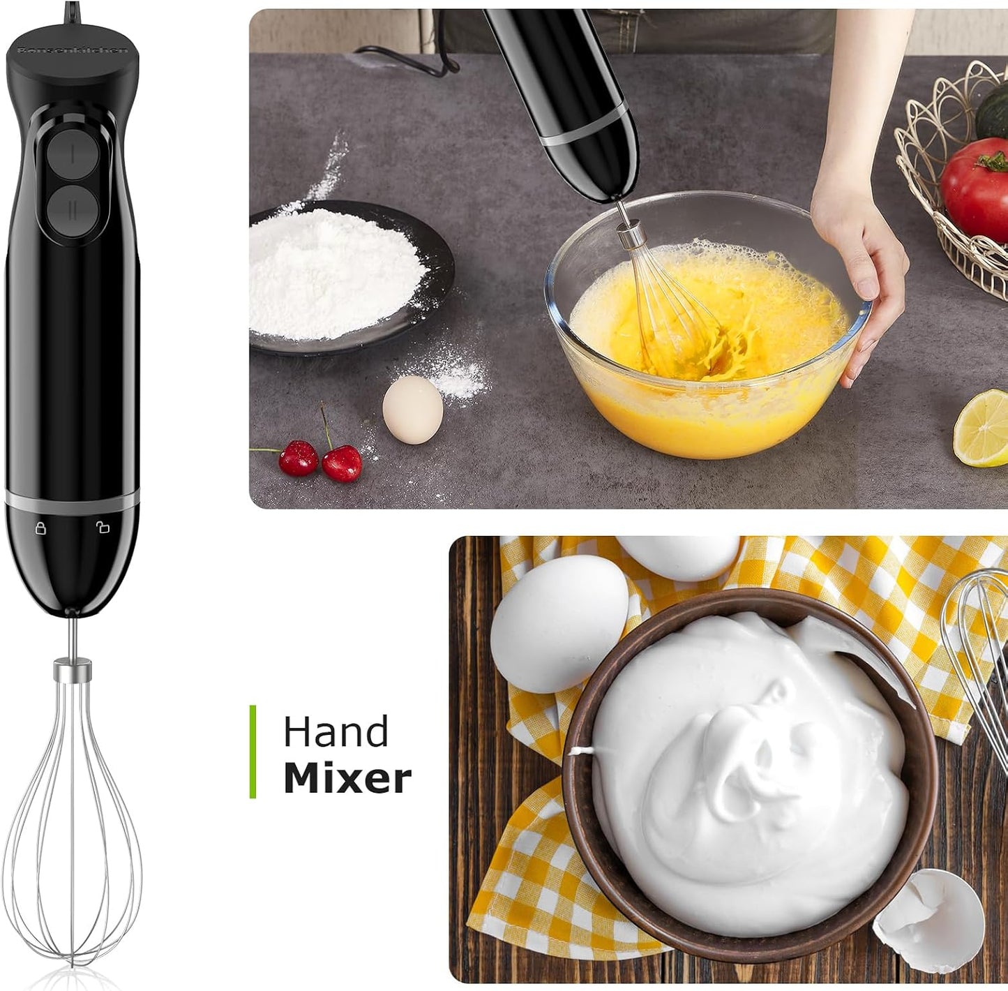Bonsenkitchen 3-in-1 Immersion Blender Handheld with 2 Mixing Speed | Hand Blender with Egg Whisk &amp; 24oz Beaker, Stainless Steel Blade, Portable Stick Mixer for Smoothie, Soup, Baby Food