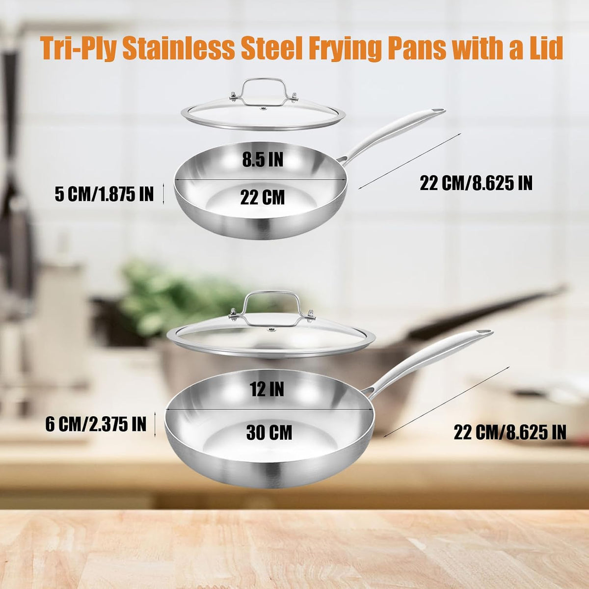 Inqibee 8.5-12 Inch Tri-Ply Stainless Steel Frying Pans Set with Lids,Skillets,Induction Cooking Pans,Pots and Pans Set,Dishwasher and Oven Safe,Detachable Handle