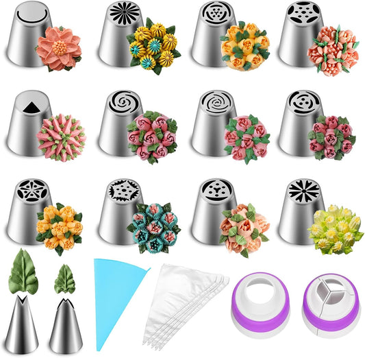 Suuker 27 Pieces Russian Piping Tips Set | 12 Icing Tips, 10 Disposable Piping Bags, 2 Leaf Piping Tips, 2 Couplers, 1 Silicone Bag