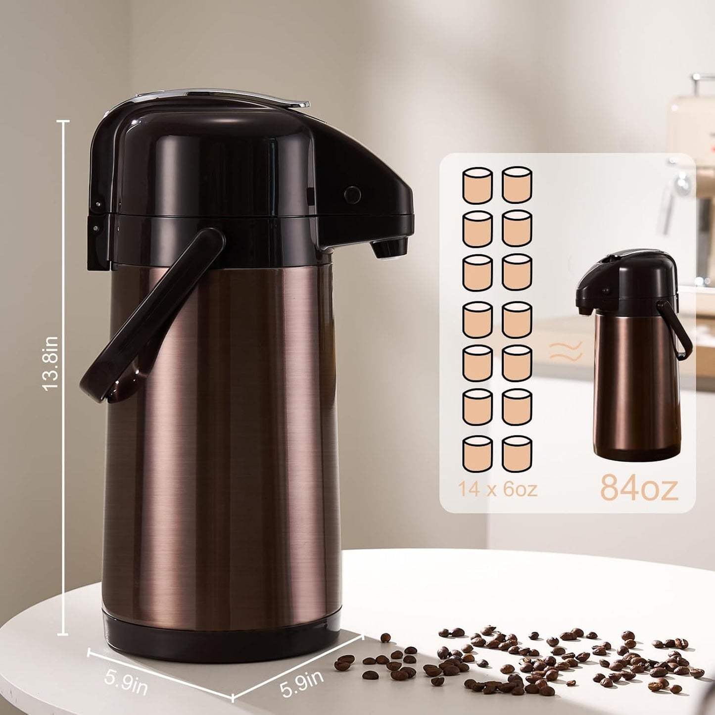 PARACITY Coffee Carafe, 84.5 fl oz/2.5 L Airpot Coffee Dispenser with Pump | Vacuum insulated stainless steel beverage dispenser uses dual pumps and a 360° base for 24-hour hot or 48-hour cold service.
