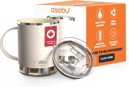 asobu Ultimate Ceramic Travel Mug, 12oz Insulated Stainless Steel Coffee Cup with Handle &amp; Splash-Resistant Lid, Ceramic Lined for Pure Taste, BPA-Free, Double-Wall Vacuum for Hot Drinks