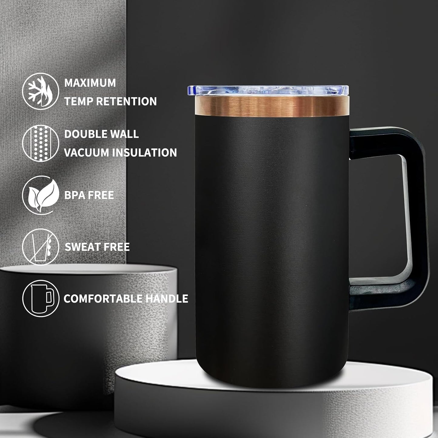 22oz Insulated Coffee Mug Bulk with Handle and Lid Black,4pack | Stainless Steel Coffee Travel Mugs, Double Wall Vacuum Tumbler, Keep Hot &amp; Cold, Leakproof, Powder Coated, Camping, Office