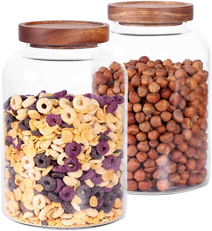 LEAVES AND TREES Y Thicken Glass Storage Jar, Food Storage Container/Canisters with Airtight Wooden Lid for Tea, Coffee, Honey, Cacao Powder,BPA Free Perfect as a Cereal Dispenser (7.6inch 2pcs)
