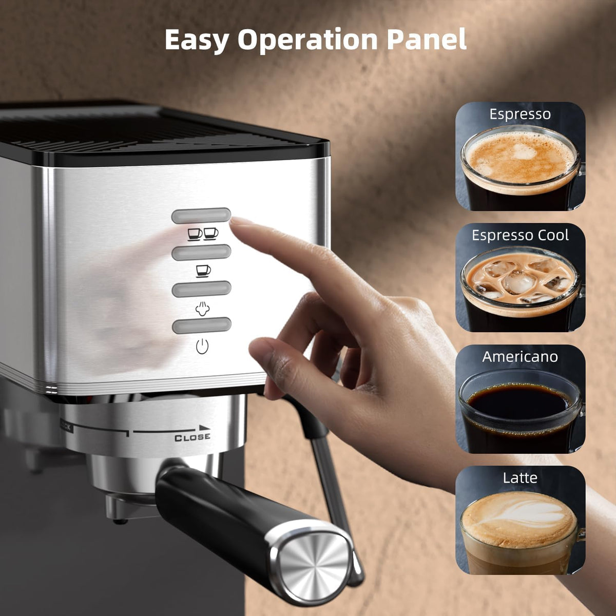 Electactic CM8032SH Essential Stainless Steel Espresso Machine with Steam Wand, Powerful 20-Bar Italian Pump, 37oz Removable Water Tank, Compact Espresso Maker for Home Baristas, Cappuccino &amp; Latte