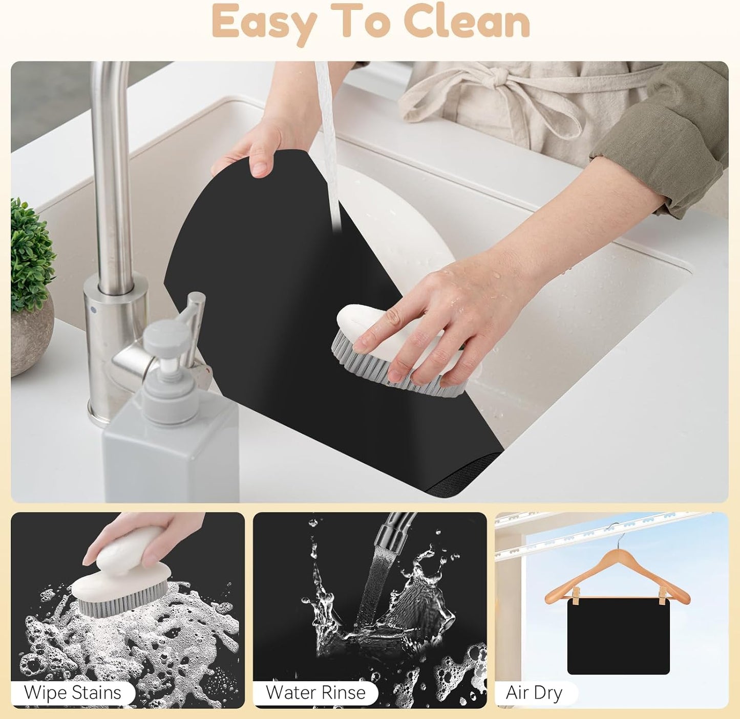Coffee Mat Hide Stain Rubber (Black, 40cm×60cm), Coffee Bar Accessories Fit Under Espresso Machine CoffeeMaker Coffeepot, Backed Absorbent Dish Drying Mat for Kitchen Counter (Black, 16"x24")