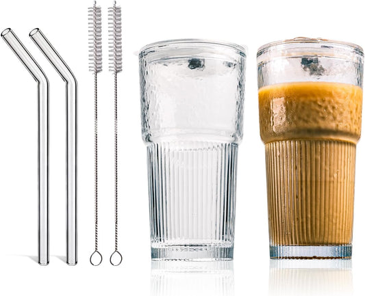 20oz Glass Tumblers with Lids and Straws - Stylish Vintage Ribbed Design for Iced Coffee, Juice, Smoothies, Milkshakes, Cold