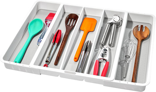 madesmart Expandable Utensil Tray-White | Classic Collection | 5-Compartments | Kitchen Organizer | Soft-Grip Lining and