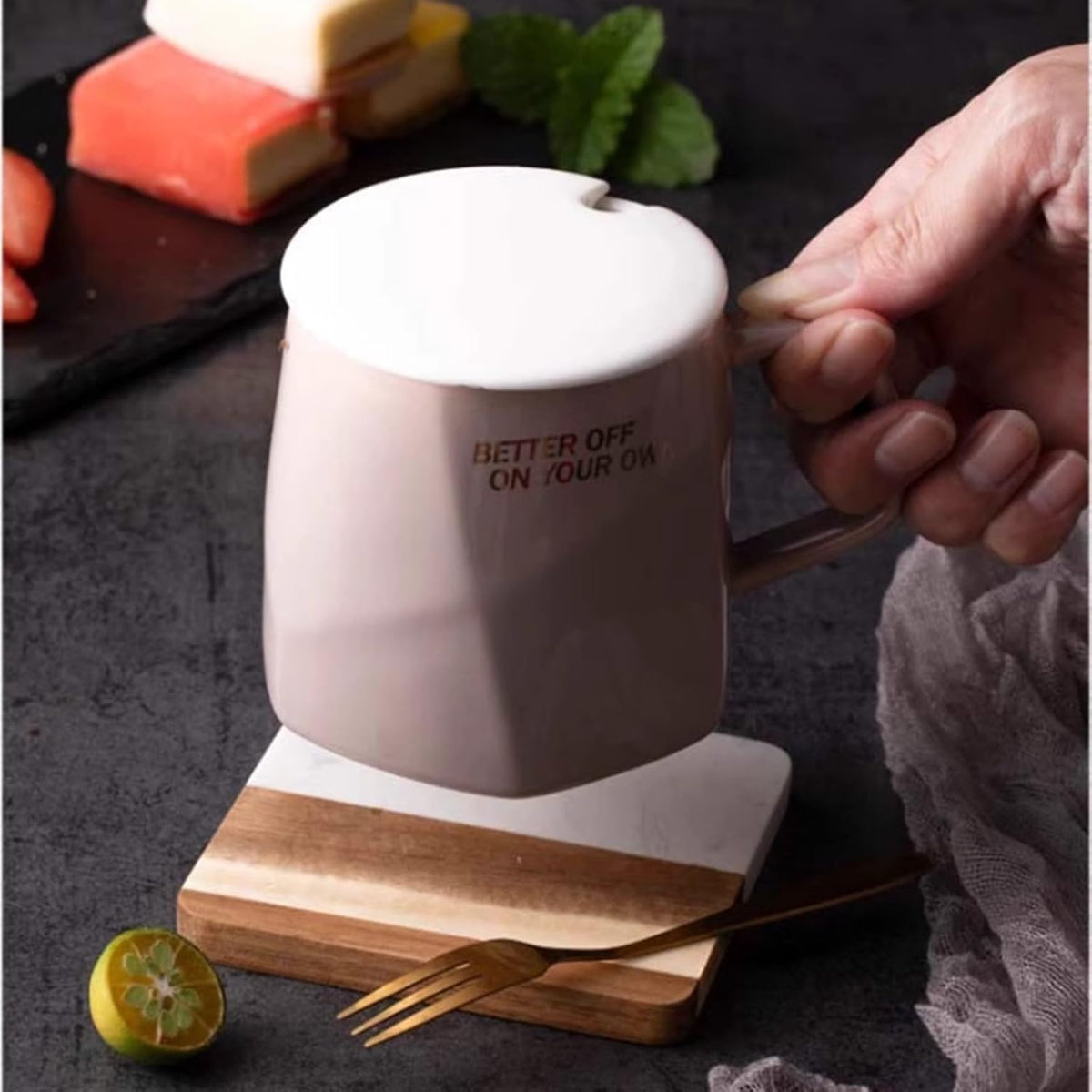 I-LAN 4-Piece Marble and Wood Coasters for Drinks, 4x4 Inch Square Modern White Marble and Natural Acacia Wood Coaster Set, Heat Resistant Table Protection for Coffee Table and Bar, White/Brown